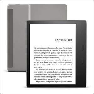 A imagem mostra um Kindle Oasis de frente e de costas. Na parte virada para frnete, é possível ver sua tela, com moldura preta, que apresenta um capítulo de um livro num fundo branco. Já a parte traseira é da cor cinza. O fundo da imagem é branco.