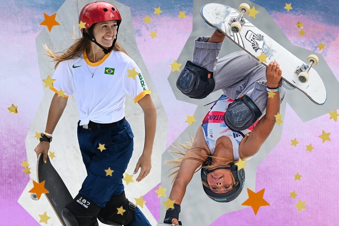 Dora Varella e Sky Brown competindo a modalidade skate park nas Olimpíadas de Tóquio.