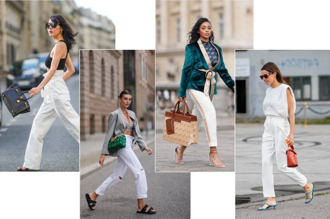 Quatro fotos superpostas de mulheres andando nas ruas com calça branca