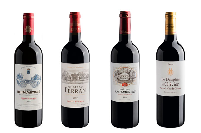 4 garrafas de vinhos tintos de Pessac-Léognan, região de Bordeaux